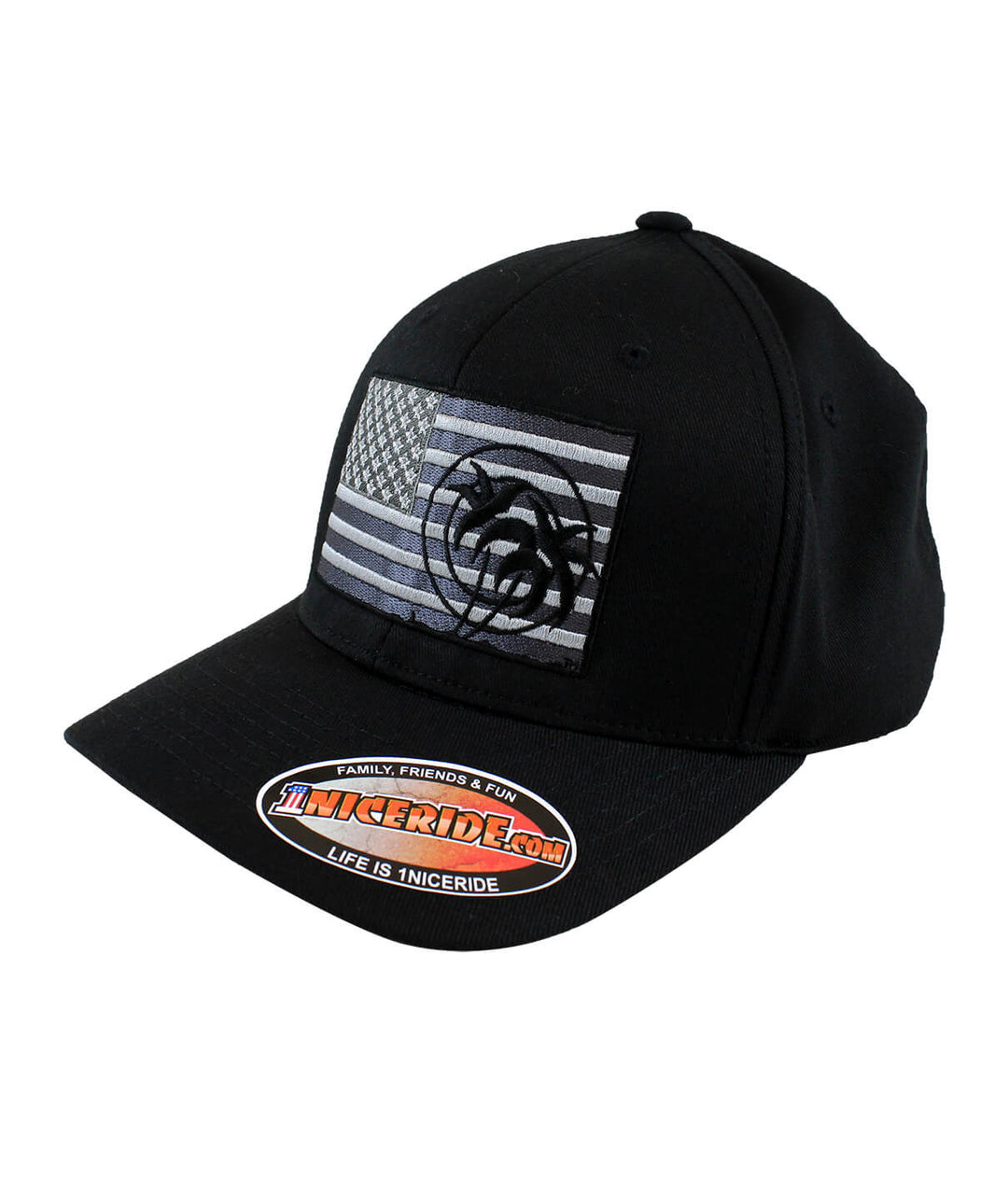 Strong Classic Flexfit Hat featuring American flag and NICERIDE logo, perfect for showing patriotic style.