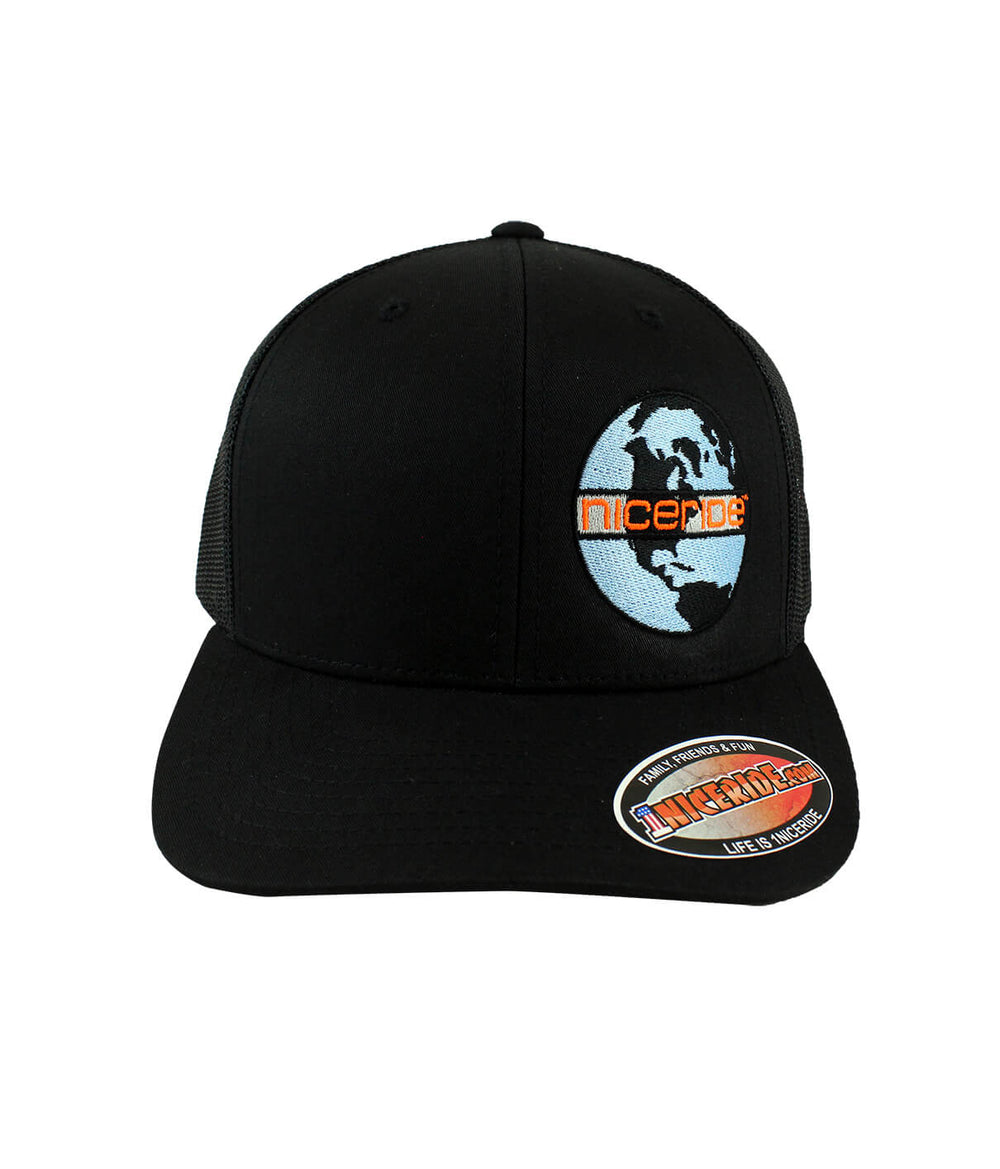 Global Retro Trucker Hat with NICERIDE's NR World design embroidered on the front.