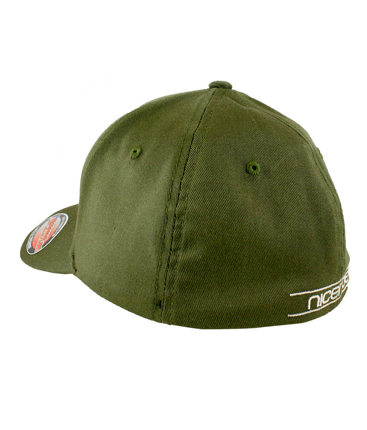 Back view of Retro Palm Classic Flexfit hat featuring NICERIDE logo, perfect hat for stylish comfort.