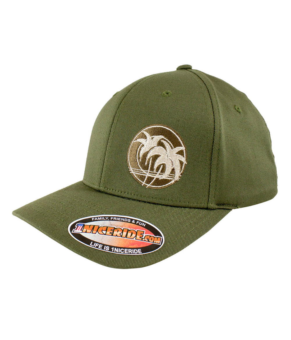 Retro Palm Classic Flexfit hat with palm trees logo in olive green color, designed and embroidered in the USA.