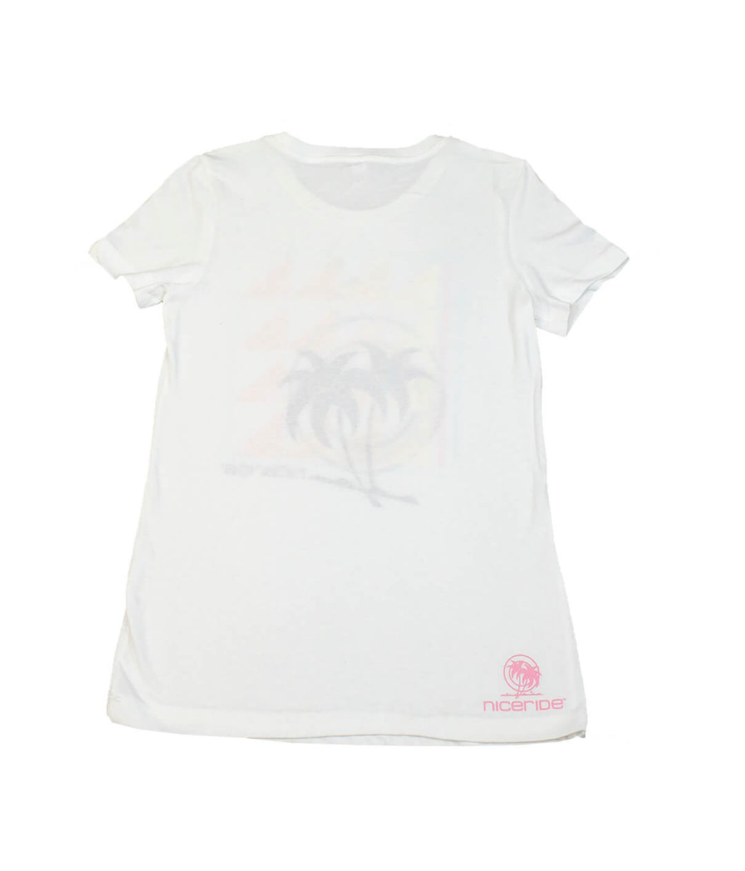 Valley Girl shirt in white featuring palm design and NICERIDE logo, soft and fitted crew neck t-shirt.