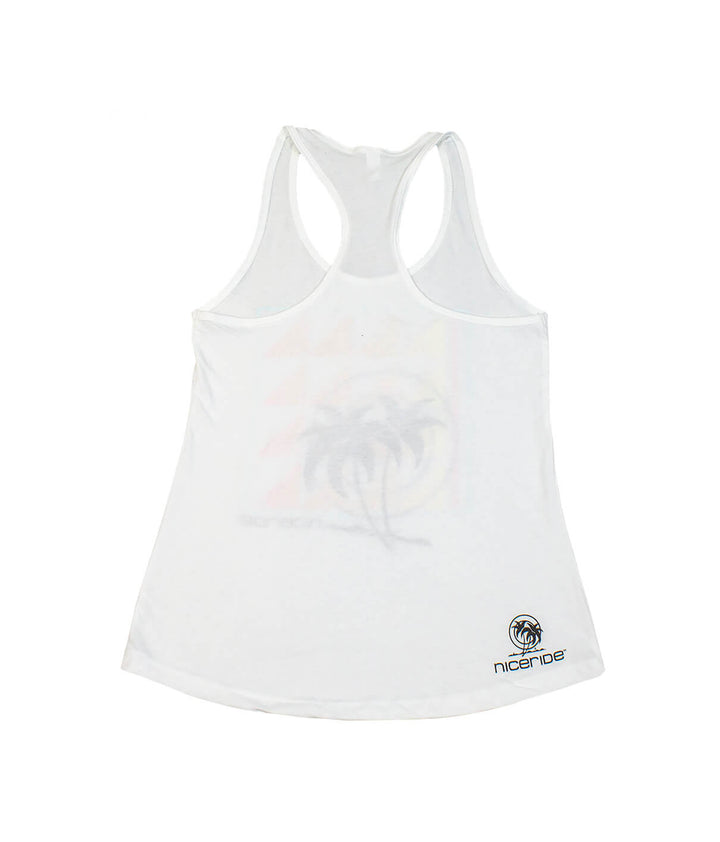 Valley Girl white Next Level racerback tank top with palm logo, comfortable women&