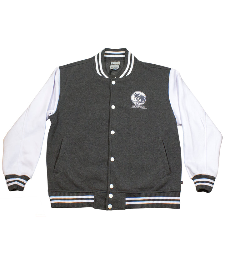 Sunset Strip jacket featuring a gray body with white sleeves and embroidered design on chest.