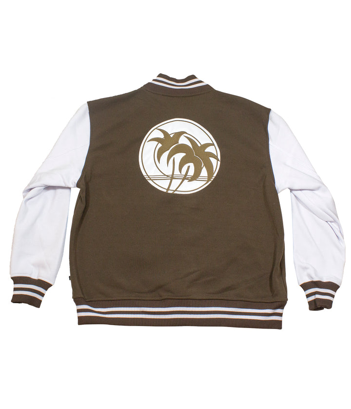 Back view of the Sunset Strip jacket featuring a palm tree design on a varsity style.