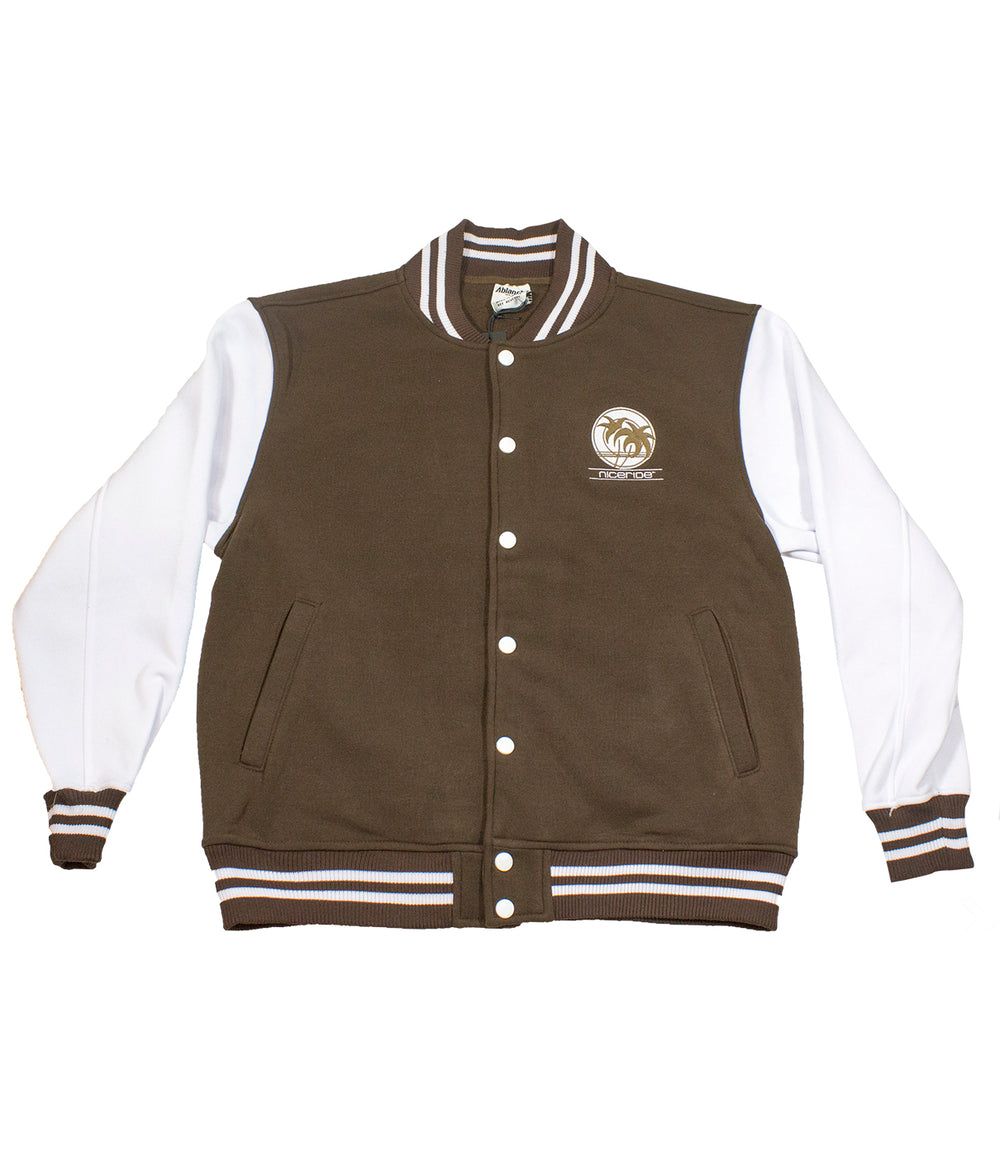 Sunset Strip jacket featuring a brown body and white sleeves with palm design on the left chest.