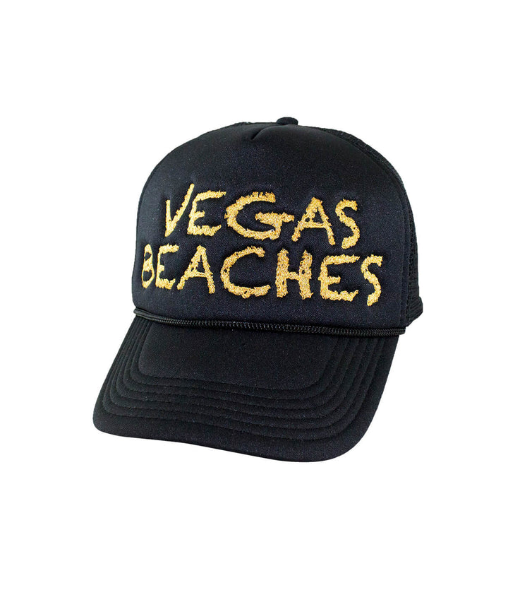 Vegas Beaches Foam Trucker Hat featuring embroidered design, perfect for beach outings and casual wear.