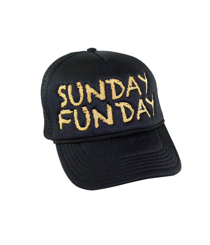 Sunday Funday Foam Trucker Hat with embroidered text on front panel, ideal for casual wear and summer fun.