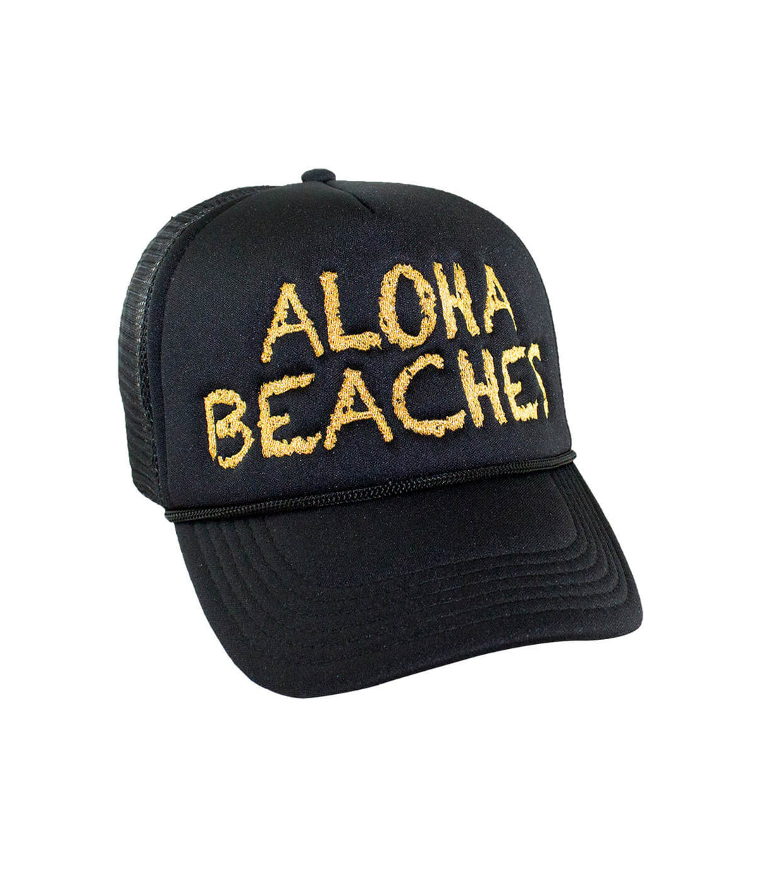 Aloha Beaches Foam Trucker Hat featuring embroidered text on the front panel, perfect summer hat.