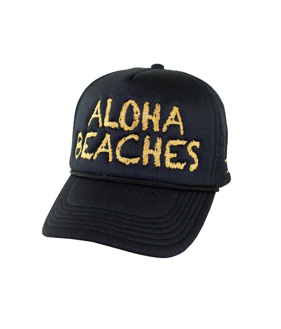 Aloha Beaches Foam Trucker Hat with embroidered text, perfect summer accessory hat for beach lovers.