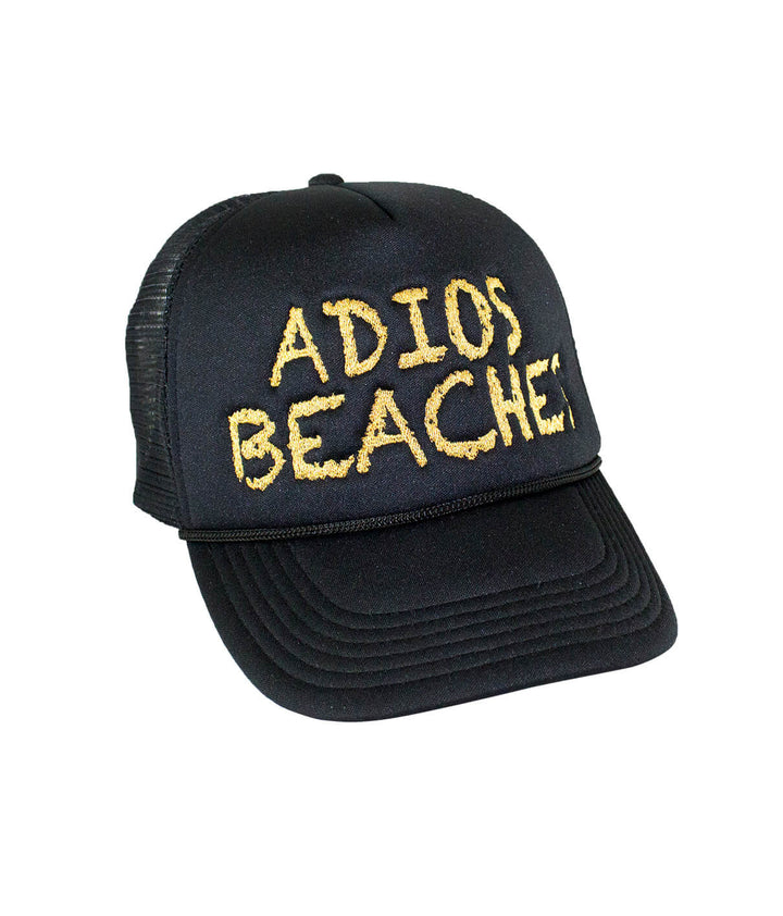 Adios Beaches foam trucker hat with embroidered text, perfect for casual wear. Ideal hat for beach lovers.
