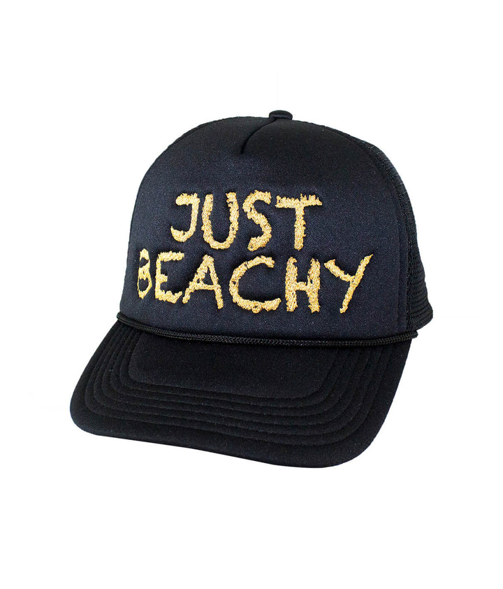 Foam trucker hat with "Just Beachy" embroidered, perfect hat for sunny beach days.