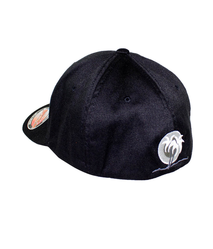 Back view of the CR Ride Black Classic Flexfit Hat with embroidered palm logo, a stylish hat for any casual outfit.