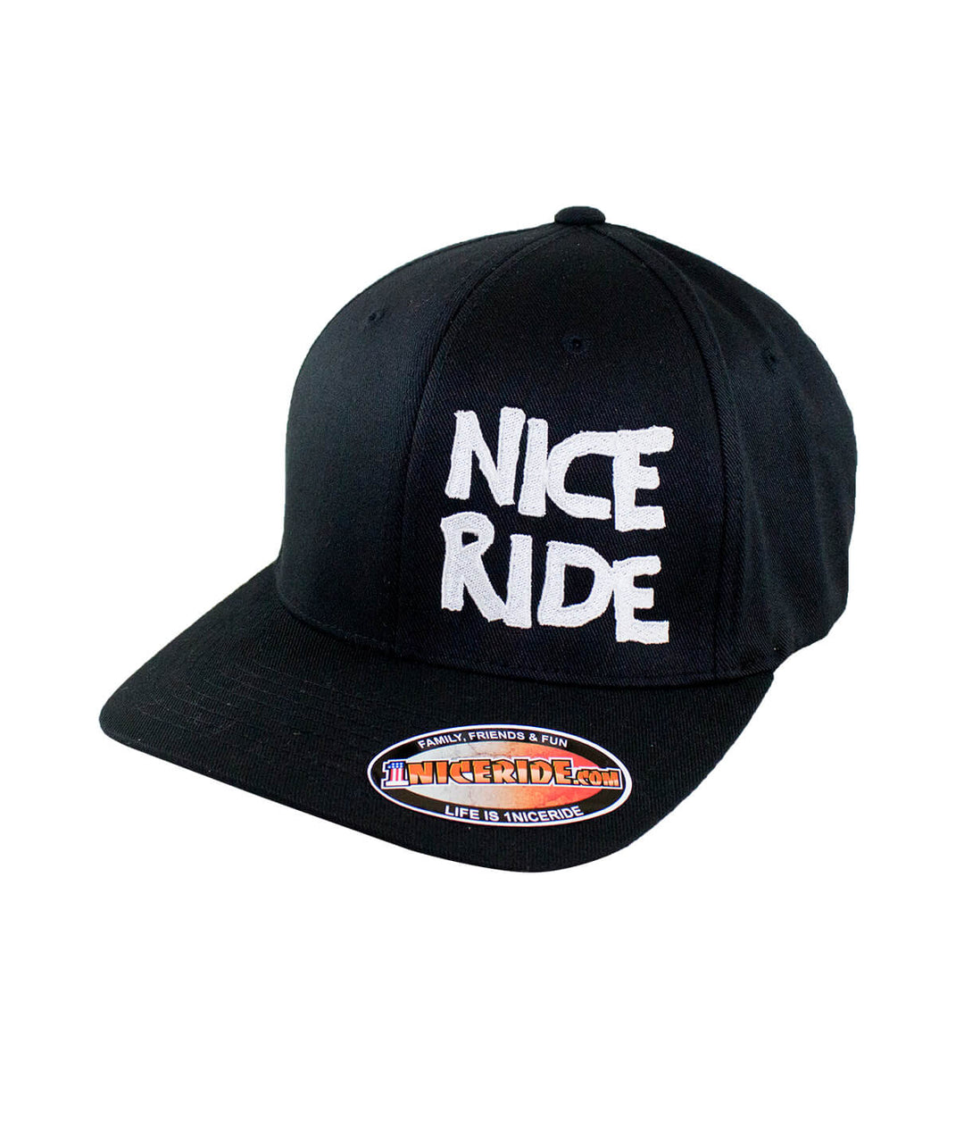 Black Classic Flexfit hat with NICERIDE design, perfect for casual wear.