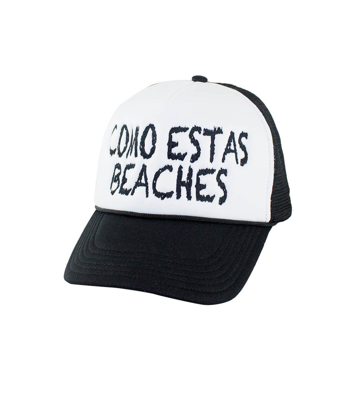 Como Estas Beaches Foam Trucker Hat, stylish hat with embroidered text, perfect for beach lovers.