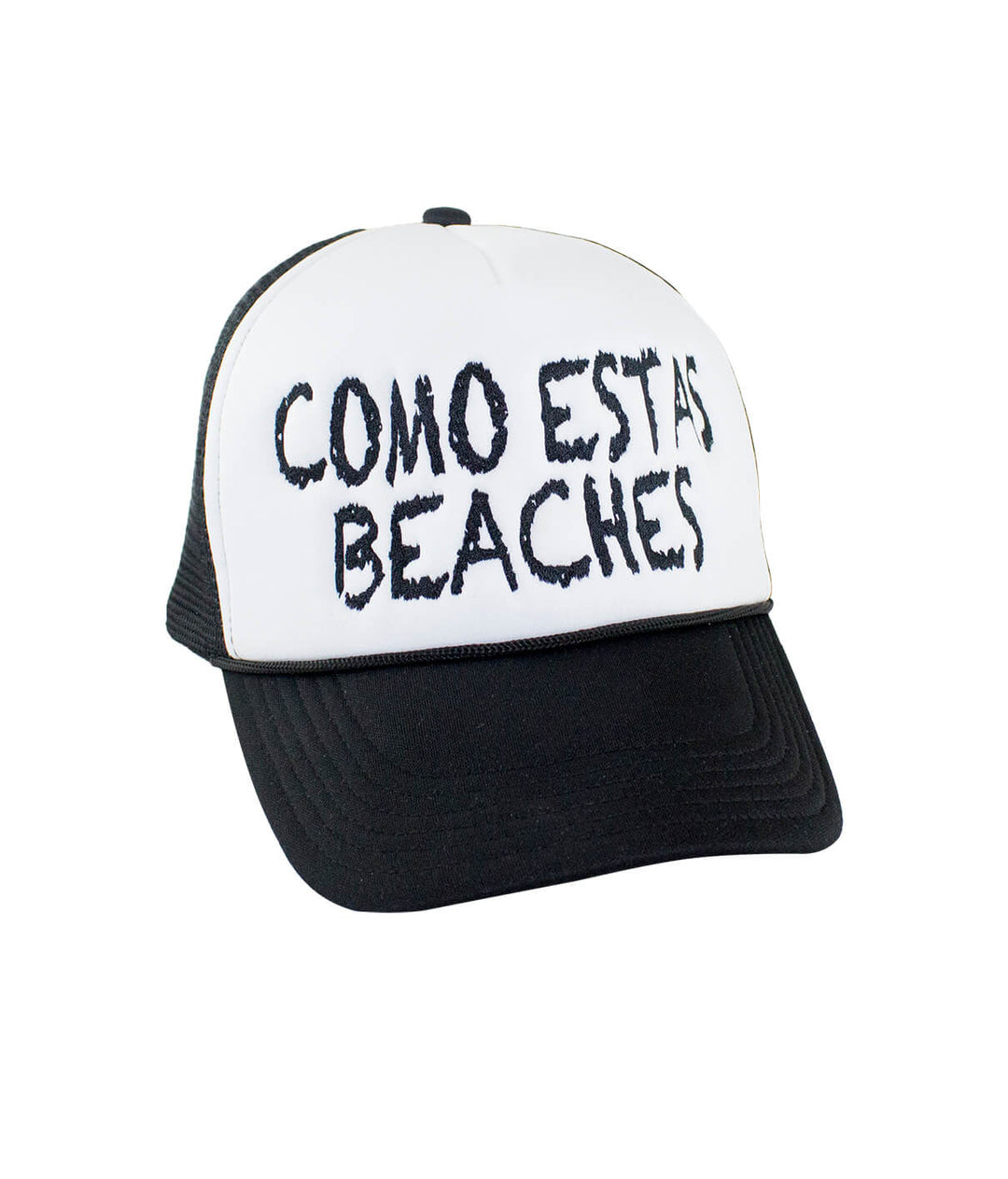Como Estas Beaches Foam Trucker Hat with black brim and embroidered text, perfect for casual wear and summer outings.