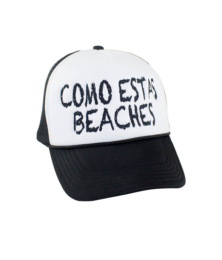 Como Estas Beaches Foam Trucker Hat with black brim and embroidered text, perfect for casual wear and summer outings.