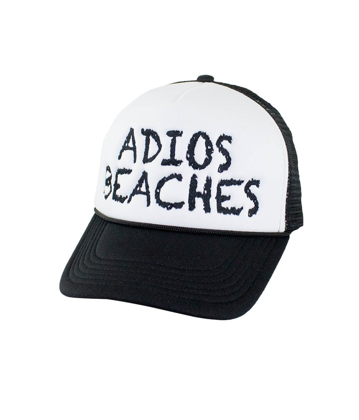 Adios Beaches foam trucker hat featuring embroidered text and a stylish black brim. Perfect summer hat.