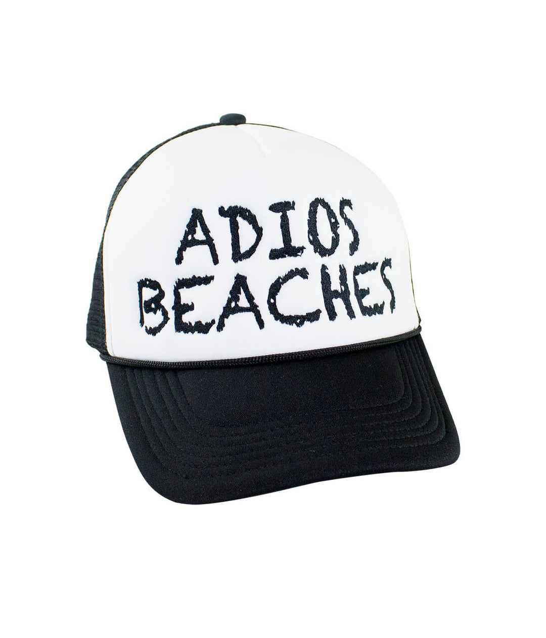 Adios Beaches foam trucker hat, black and white, perfect for sunny days, features embroidered text, ideal summer hat.