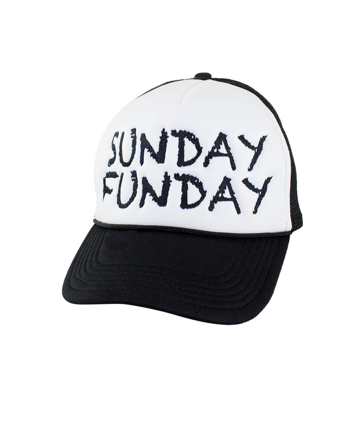 Sunday Funday Foam Trucker Hat showcasing embroidered design, perfect for any casual occasion.