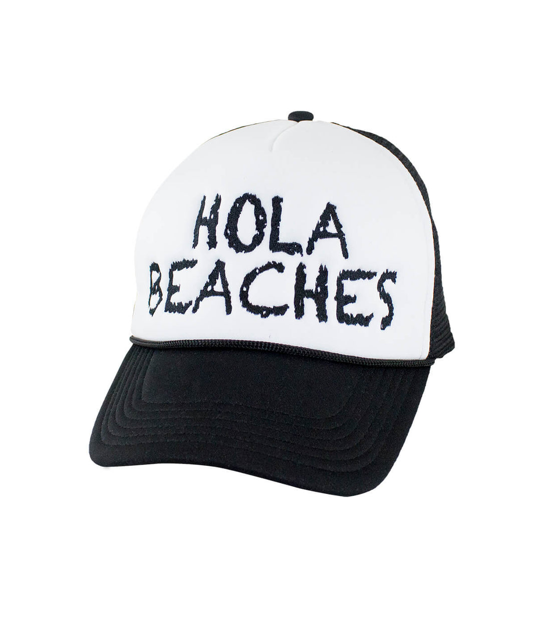 Hola Beaches Foam Trucker Hat with black mesh and white front panel, perfect for beach lovers, features embroidered text.