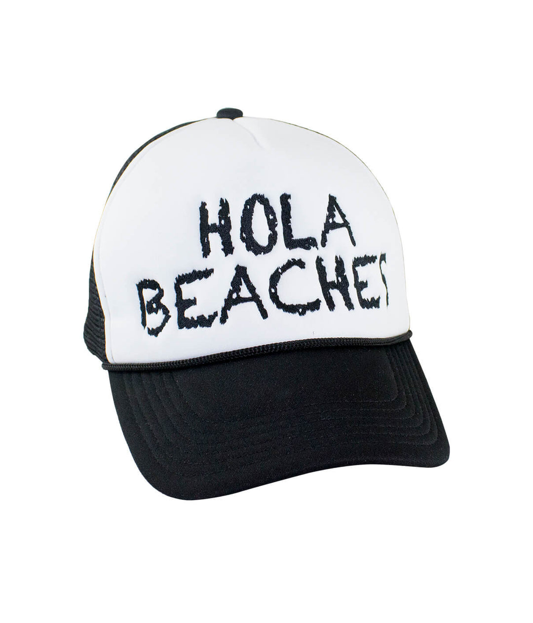 Hola Beaches Foam Trucker Hat featuring embroidered text, perfect summer accessory for beach lovers. | hat