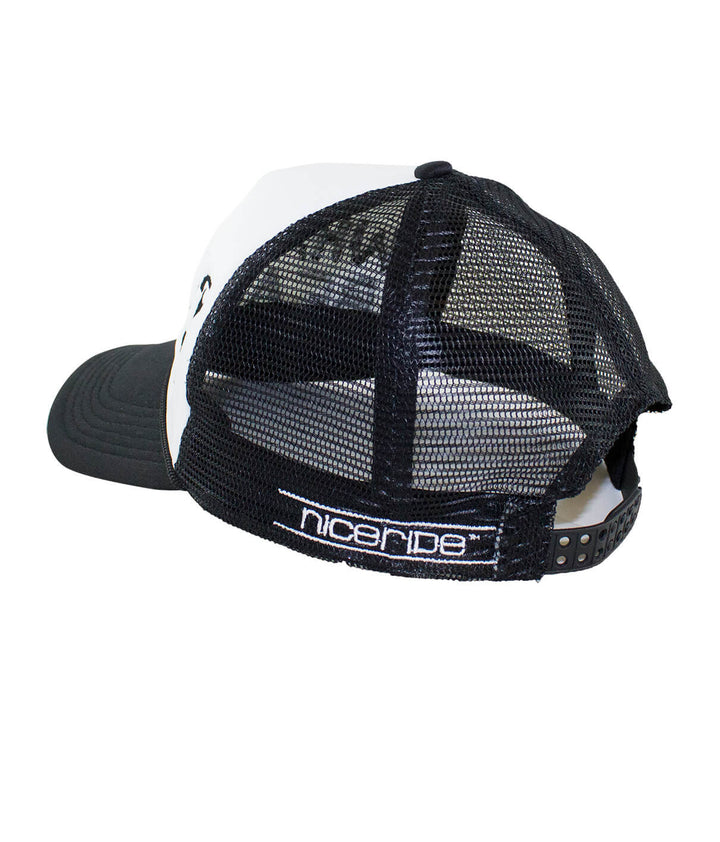 Back view of Sassy foam trucker cap with NICERIDE embroidery on the mesh and adjustable snap closure.