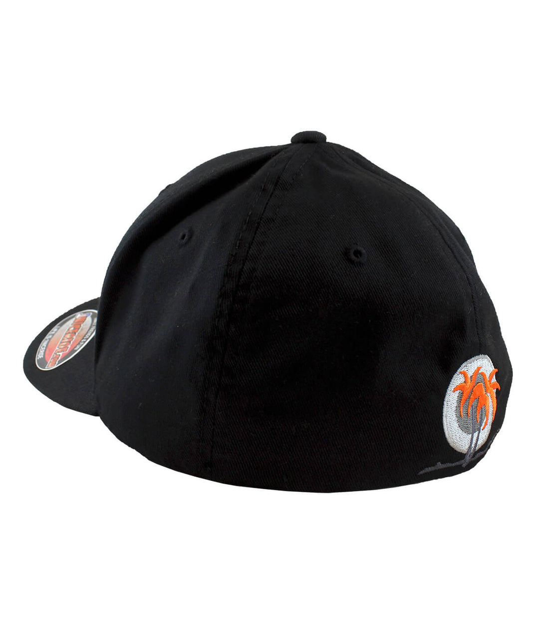 Back view of the On The Water Classic Flexfit Hat with palm logo and black fabric.