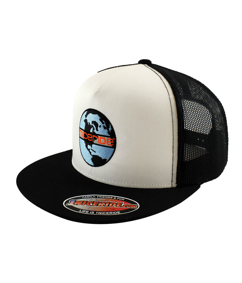 Global Trucker Hat featuring NICERIDE's embroidered design, a classic baseball cap for outdoor activities.