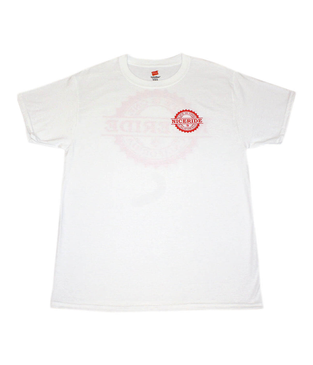 White Hanes Men's Cotton Blend Short Sleeve T-Shirt featuring NICERIDE design on left chest.