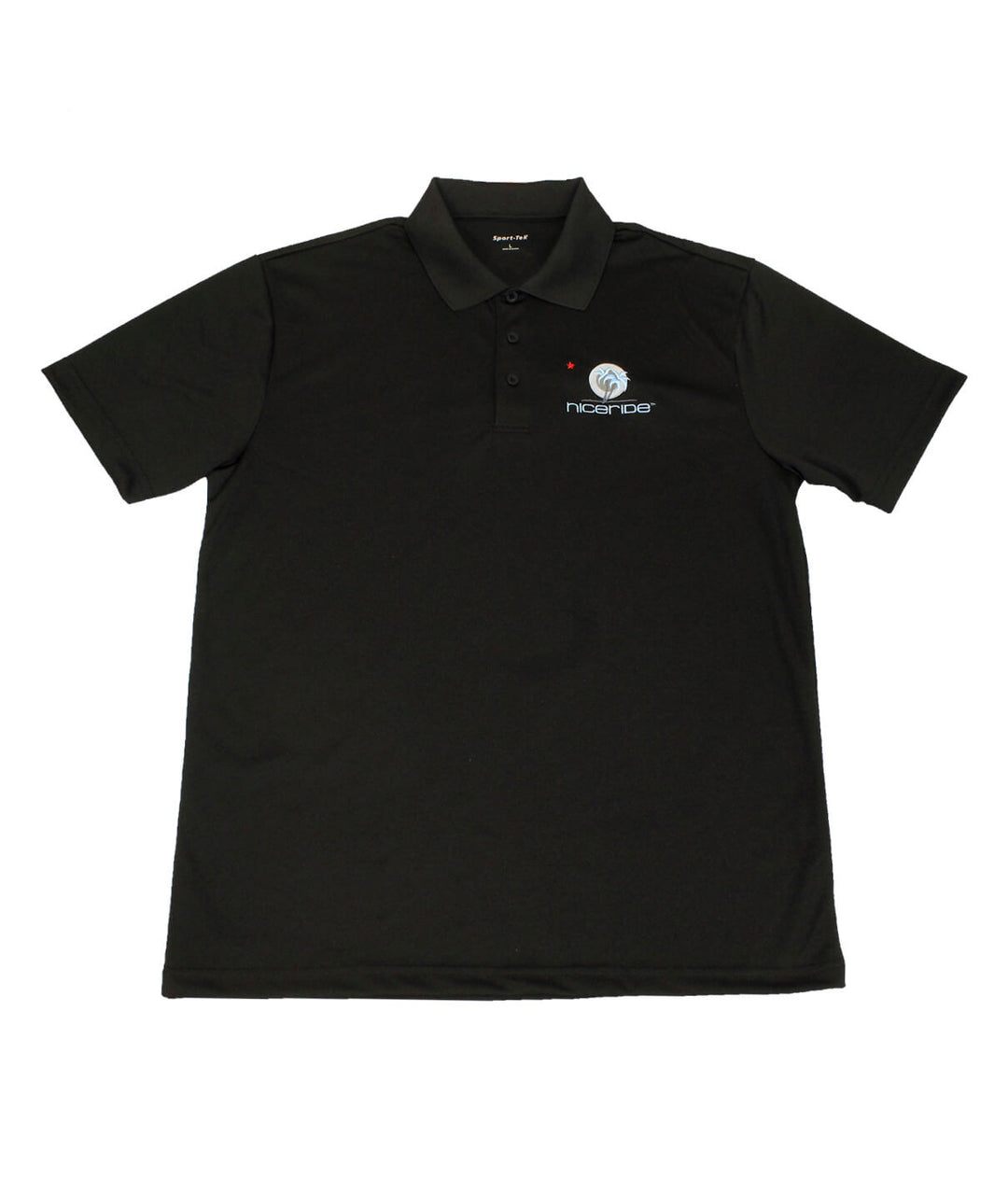 Black golf shirt with NR Republic design embroidered on the chest and NICERIDE logo on the back yoke.