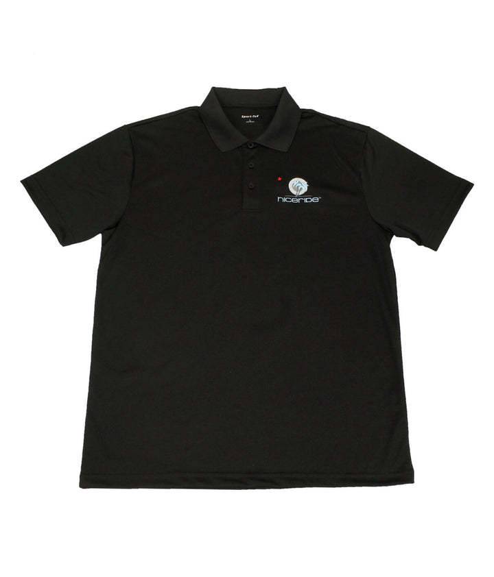 Black golf shirt with NR Republic design embroidered on the chest and NICERIDE logo on the back yoke.