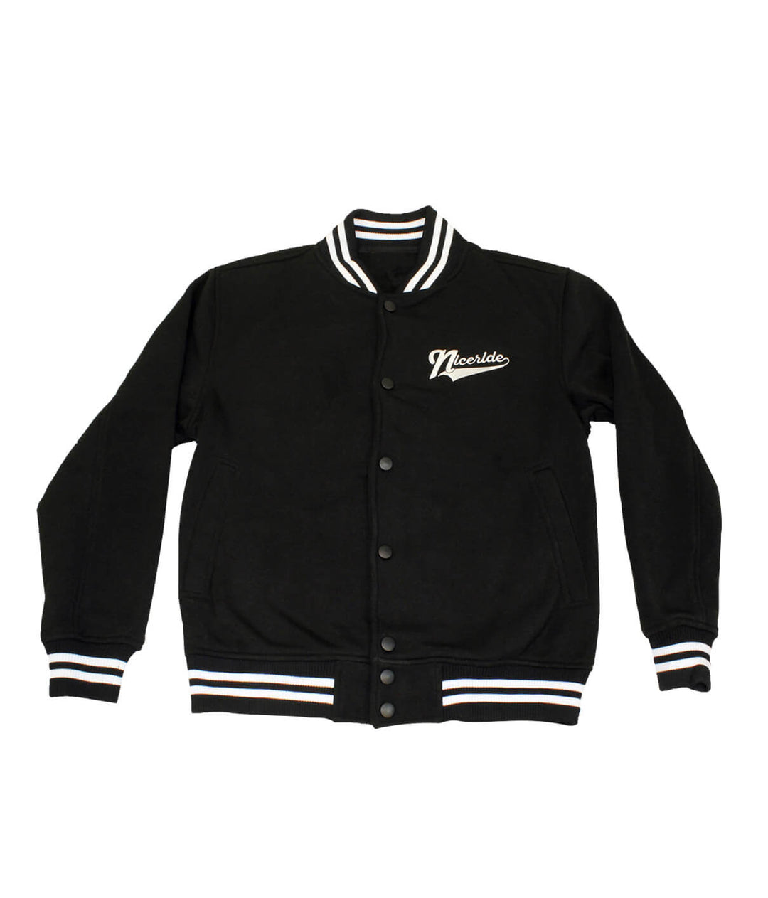 Play Ball jacket with embroidered design, black varsity style, featuring striped cuffs and collar.