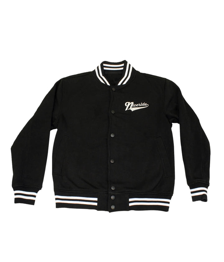 Play Ball jacket with embroidered design, black varsity style, featuring striped cuffs and collar.