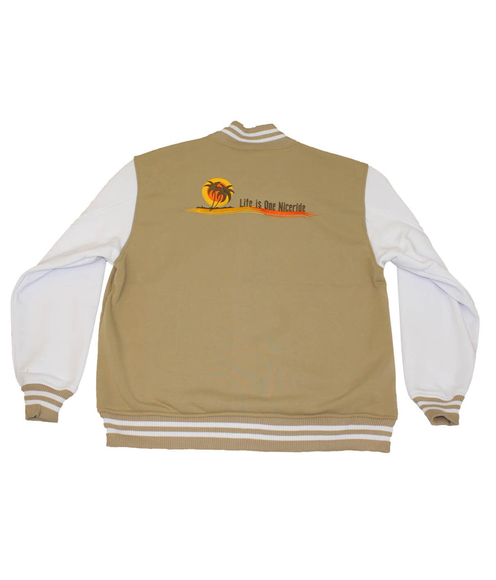 Back view of NICERIDE's Sunset varsity jacket with embroidered design and logo.