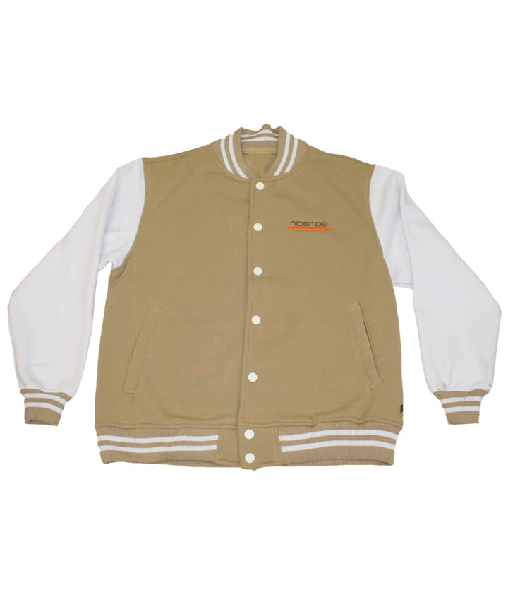 Sunset jacket featuring a beige body and white sleeves, with NICERIDE embroidery on the chest, designed and made in the USA.