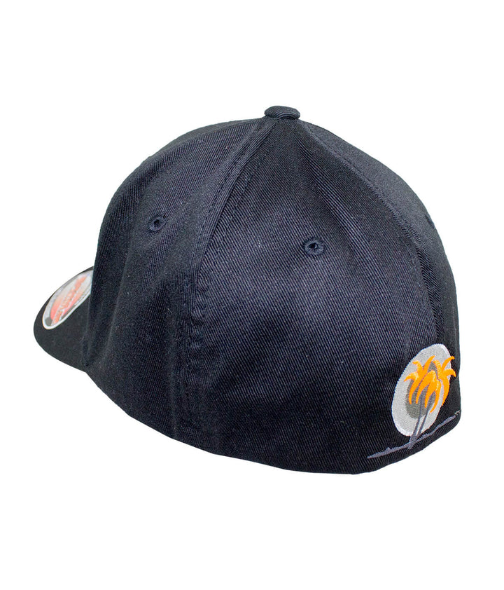 Back view of the Bold Tower black classic Flexfit hat showcasing palm logo embroidery, hat design by NICERIDE.