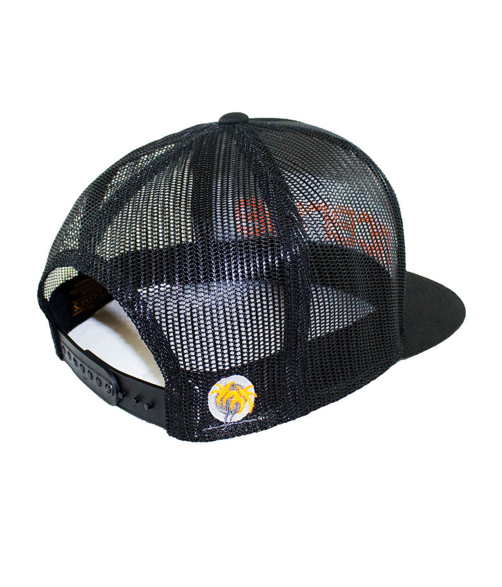 Back view of the Bold Tower trucker hat showcasing the black mesh design and classic palm logo, featuring the hat.
