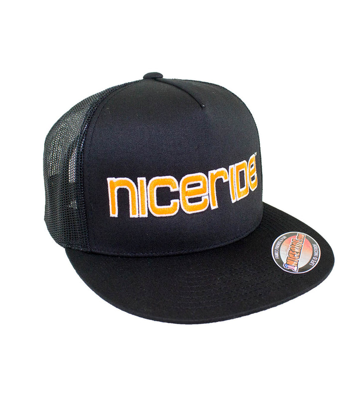 Black trucker hat featuring NICERIDE logo in neon orange, perfect hat for casual wear.