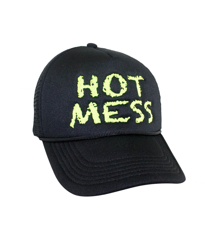 Hot Mess Foam Trucker Hat featuring vibrant embroidered text, ideal for stylish casual wear.