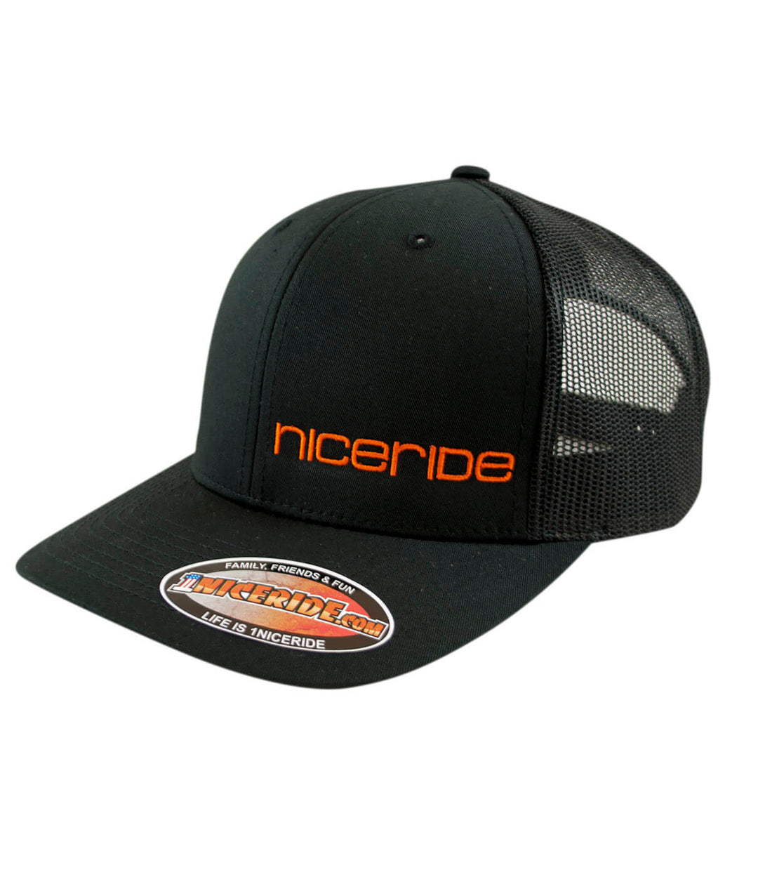 Tower Black Retro Trucker Hat featuring NICERIDE logo, stylish cap for outdoor activities, perfect hat for any occasion.