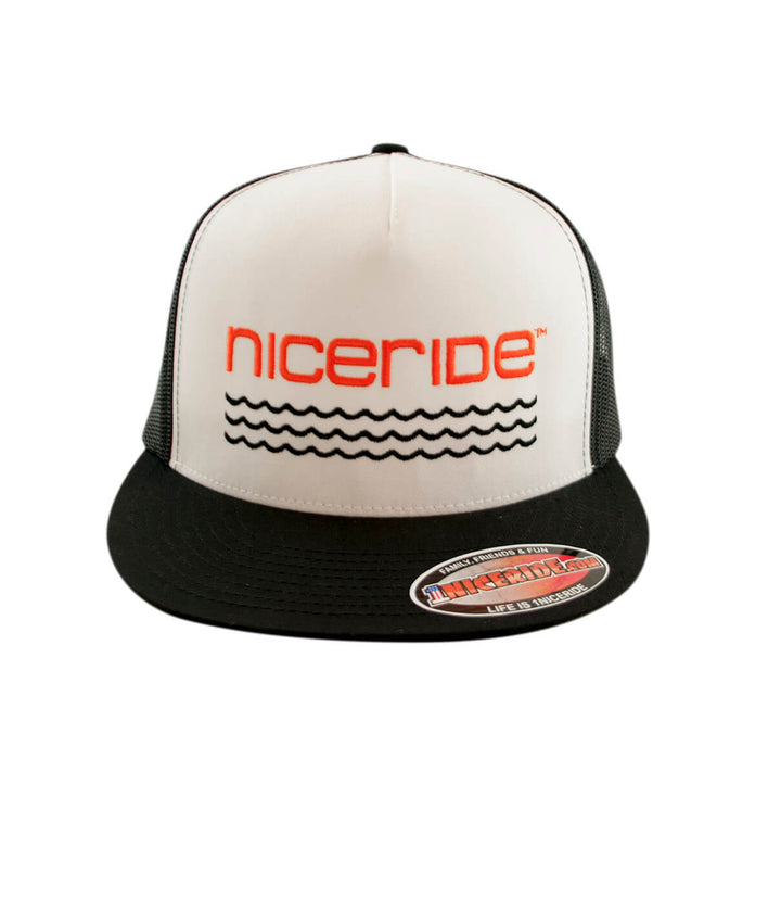 On The Water - Center Trucker Baseball Cap, stylish hat with nicerride logo and wave design, perfect for outdoor adventures.