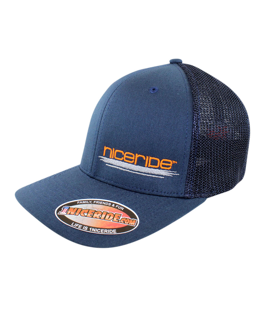 Sunrise Meshback Flexfit Hat with NICERIDE logo and classic palm logo, designed and embroidered in the USA.