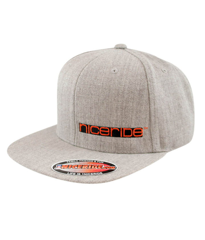 Block Tower snapback hat from NICERIDE with embroidered logo in orange on a gray background.