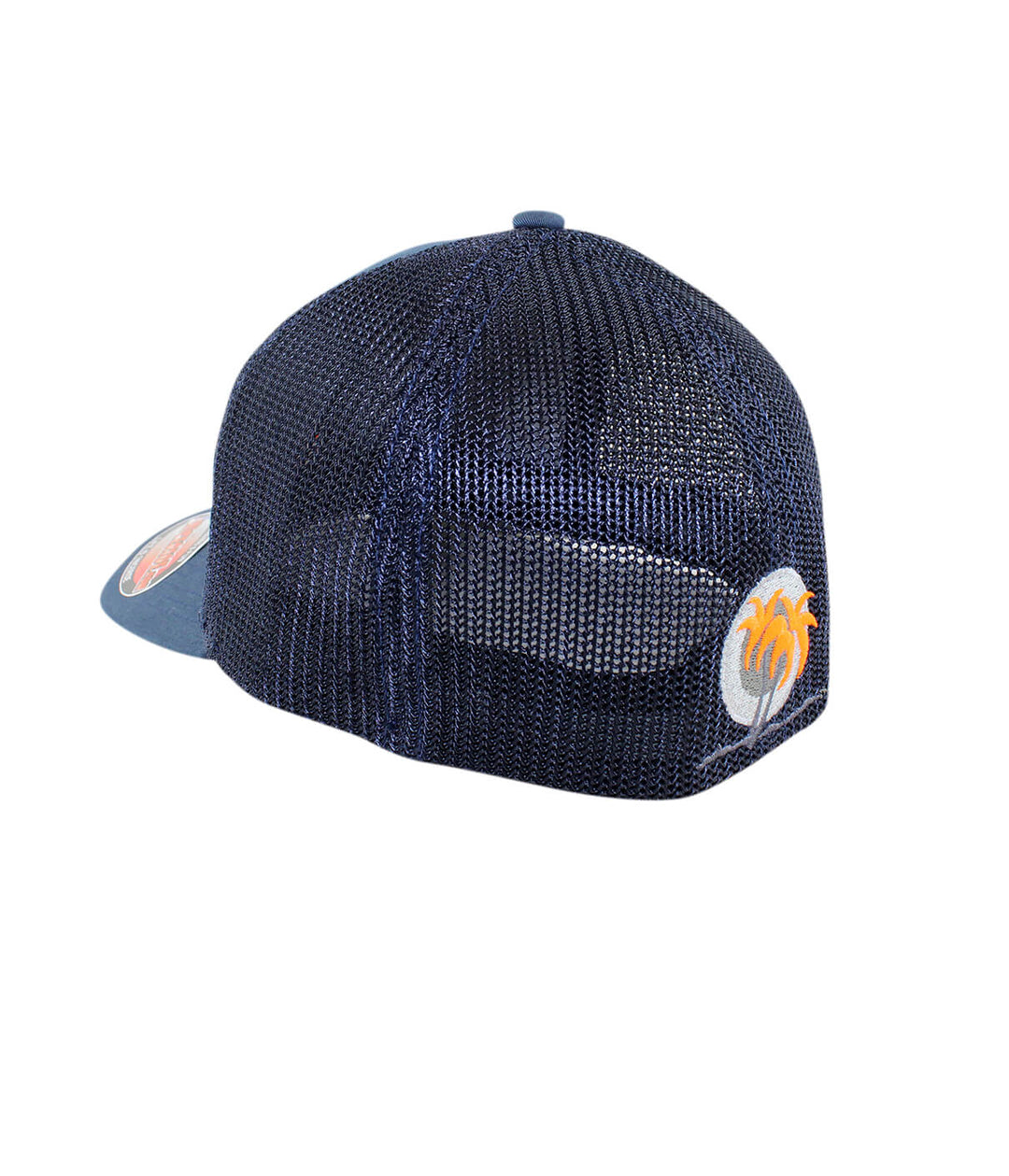 Back view of the "Sunrise" Meshback Flexfit Hat showing blacked out palm logo and breathable mesh design.