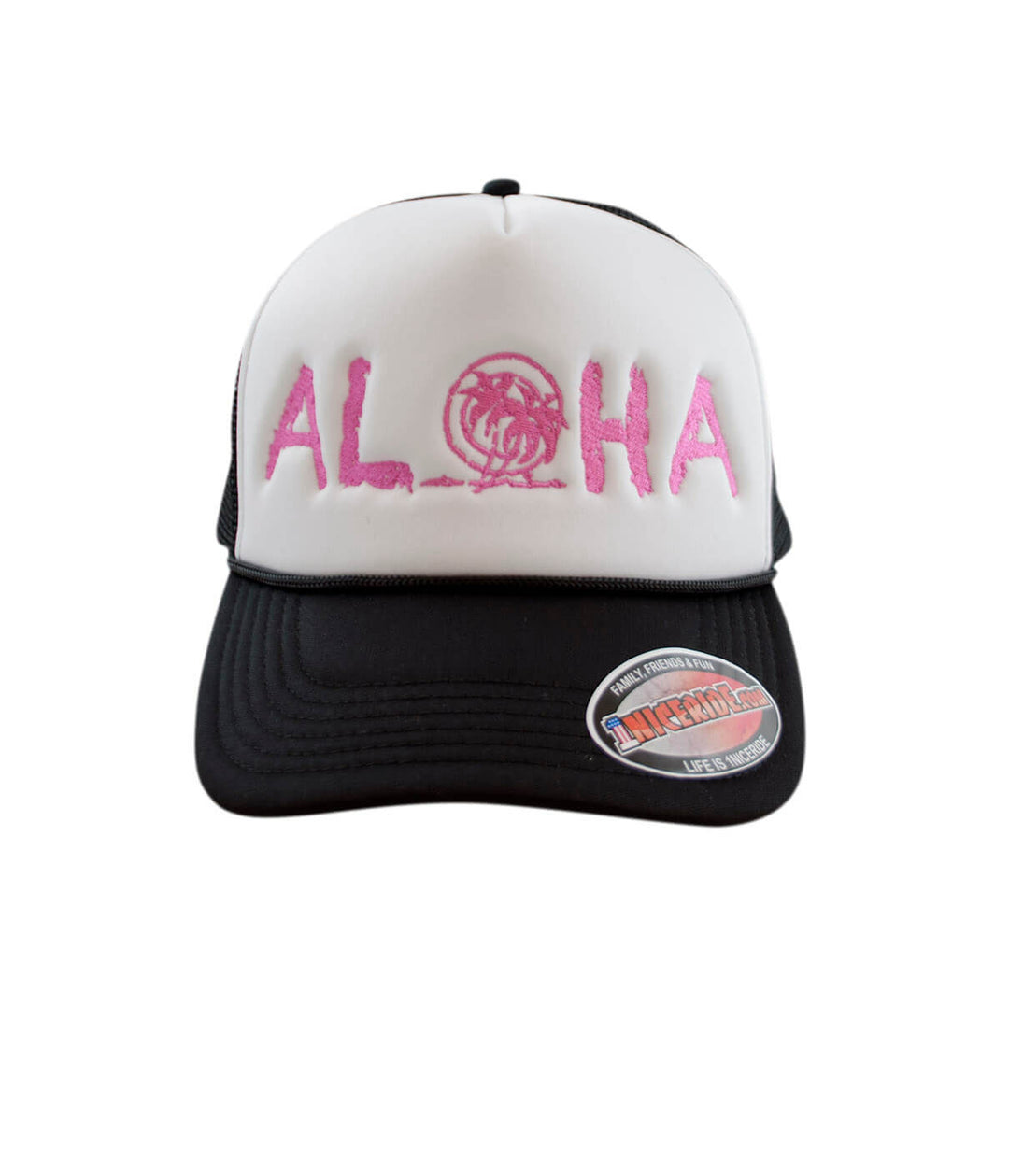 Maui Foam Trucker Cap featuring Aloha palm logo, classic hat design for casual wear by NICERIDE.