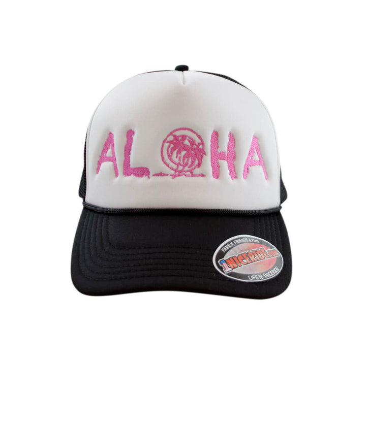 Maui Foam Trucker Cap featuring Aloha palm logo, classic hat design for casual wear by NICERIDE.