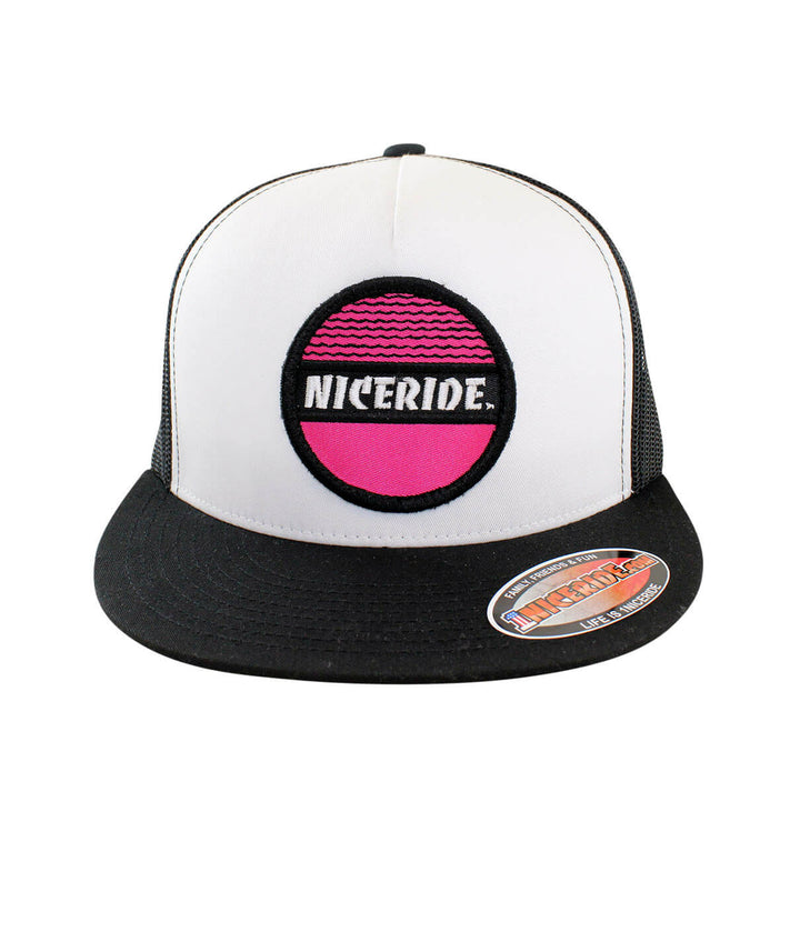 Tuna Can unisex style trucker hat featuring NICERIDE patch, snapback design, and mesh back for comfort.