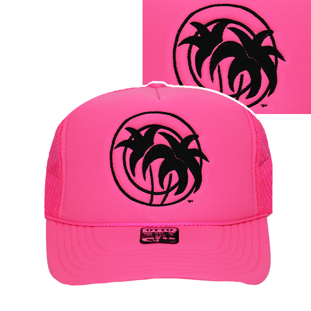Hot Foam Foam Trucker Hat in bright pink with black embroidered logo, perfect summer hat for casual wear.