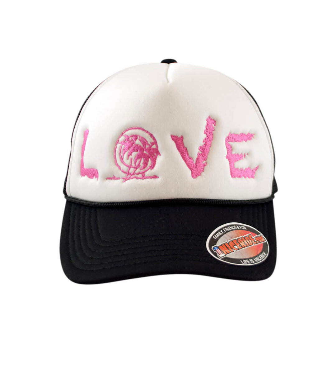 LOVE Foam Trucker Cap, classic hat with palm logo embroidered in pink color on front.