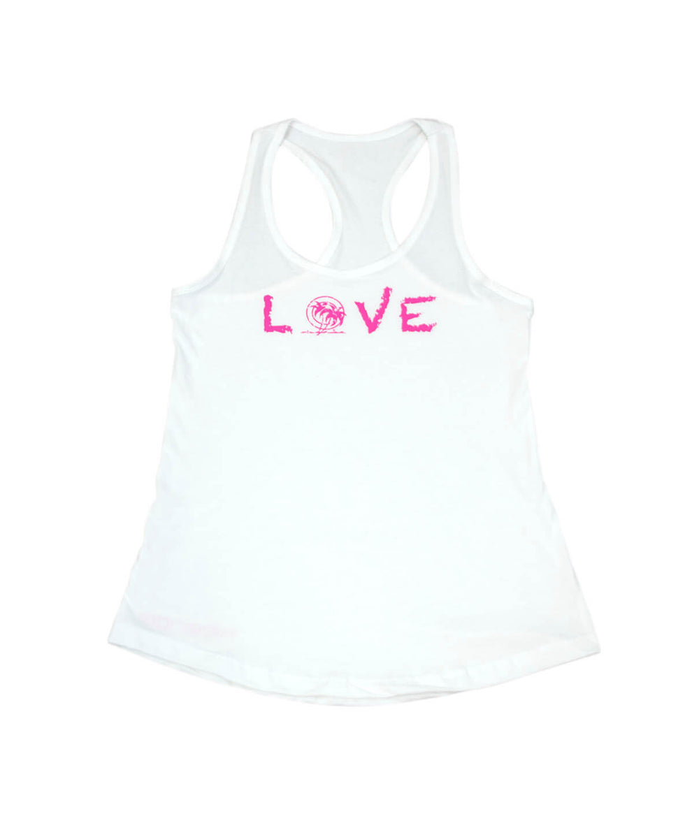 Palm Beach tank top featuring NICERIDE's "Love" logo in pink on a soft white racerback design.